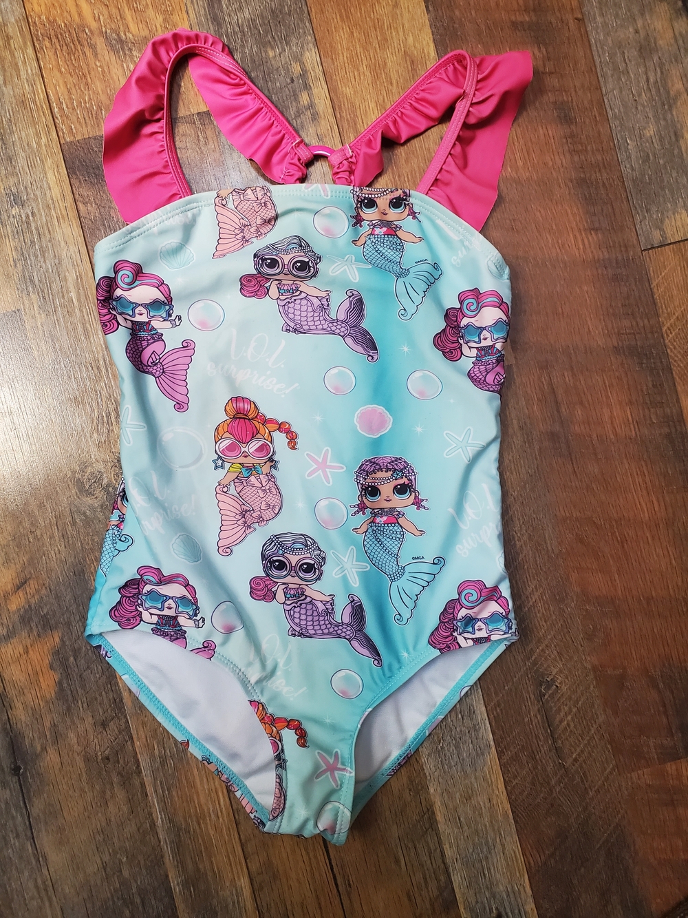 L.O.L. Surprise! Girls Aqua Mermaid One-Piece with Pink Ruffle Straps
